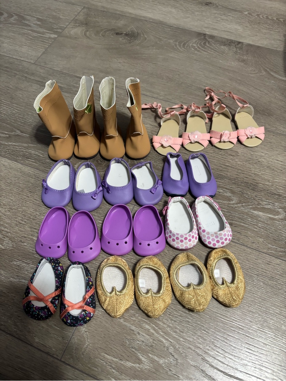 American Girl Doll Shoe Lot in Purple, Pink, Tan & Gold
